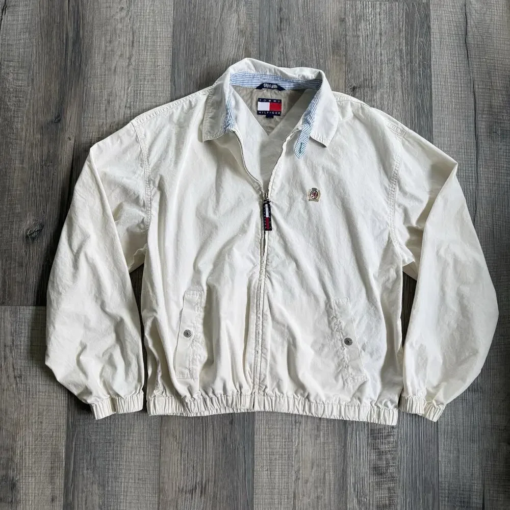Vtg Tommy Hilfiger Harrington Jacket 90s Windbreaker Embroidered Large White